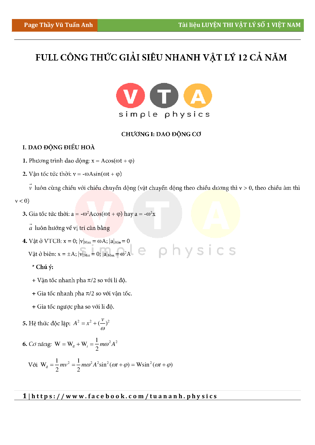 Công thức giải siêu nhanh môn Vật lý lớp 12 cả năm (trang 1)