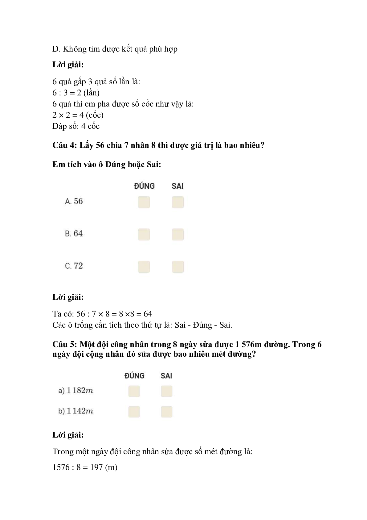 Trắc nghiệm Bài toán liên quan đến rút về đơn vị có đáp án – Toán lớp 3 (trang 2)