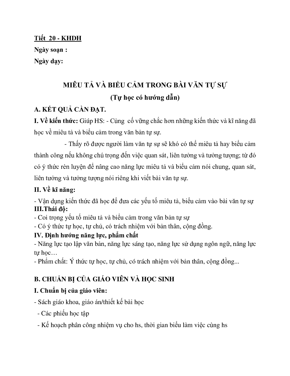 Giáo án ngữ văn lớp 10 Tiết 20: Miêu tả và biểu cản trong bài văn tự sự (trang 1)