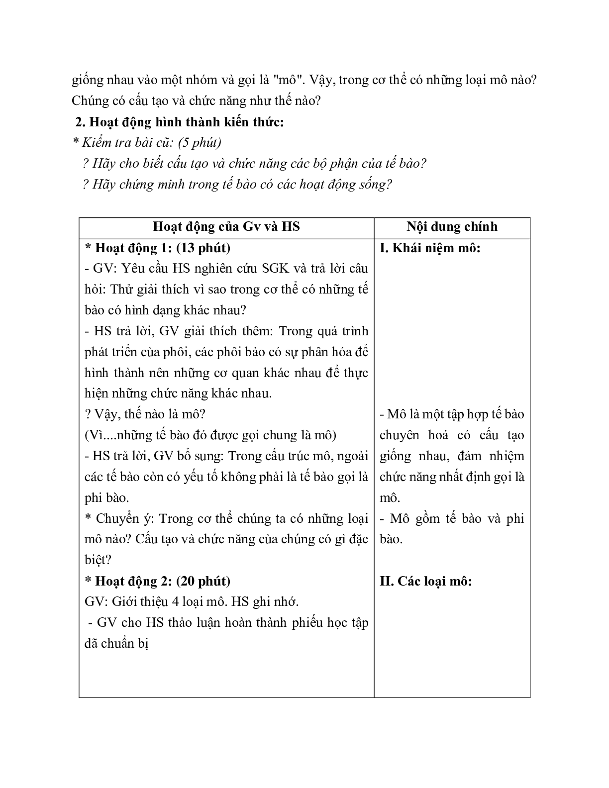 Giáo án Sinh học 8 Bài 4: Mô mới nhất (trang 2)