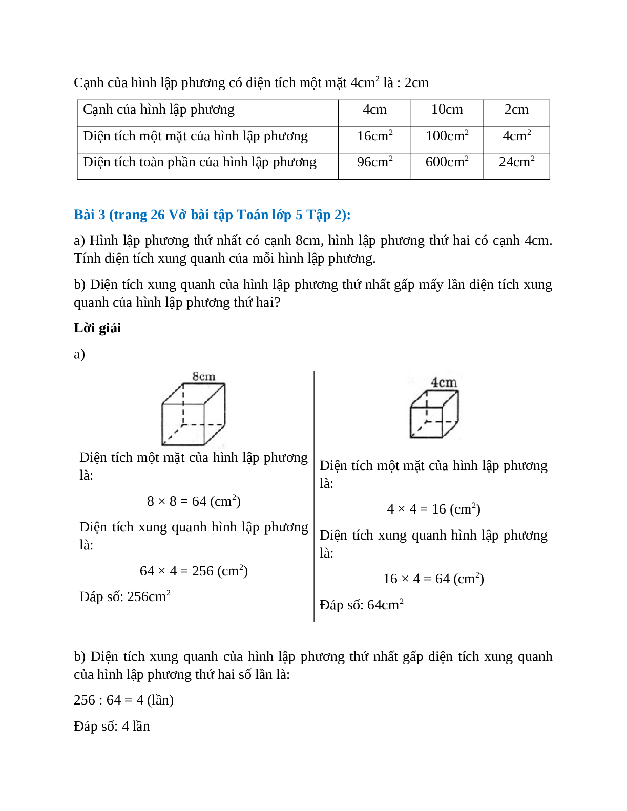 Vở bài tập Toán lớp 5 Tập 2 trang 26 Bài 107: Diện tích xung quanh và diện tích toàn phần của hình lập phương (trang 2)
