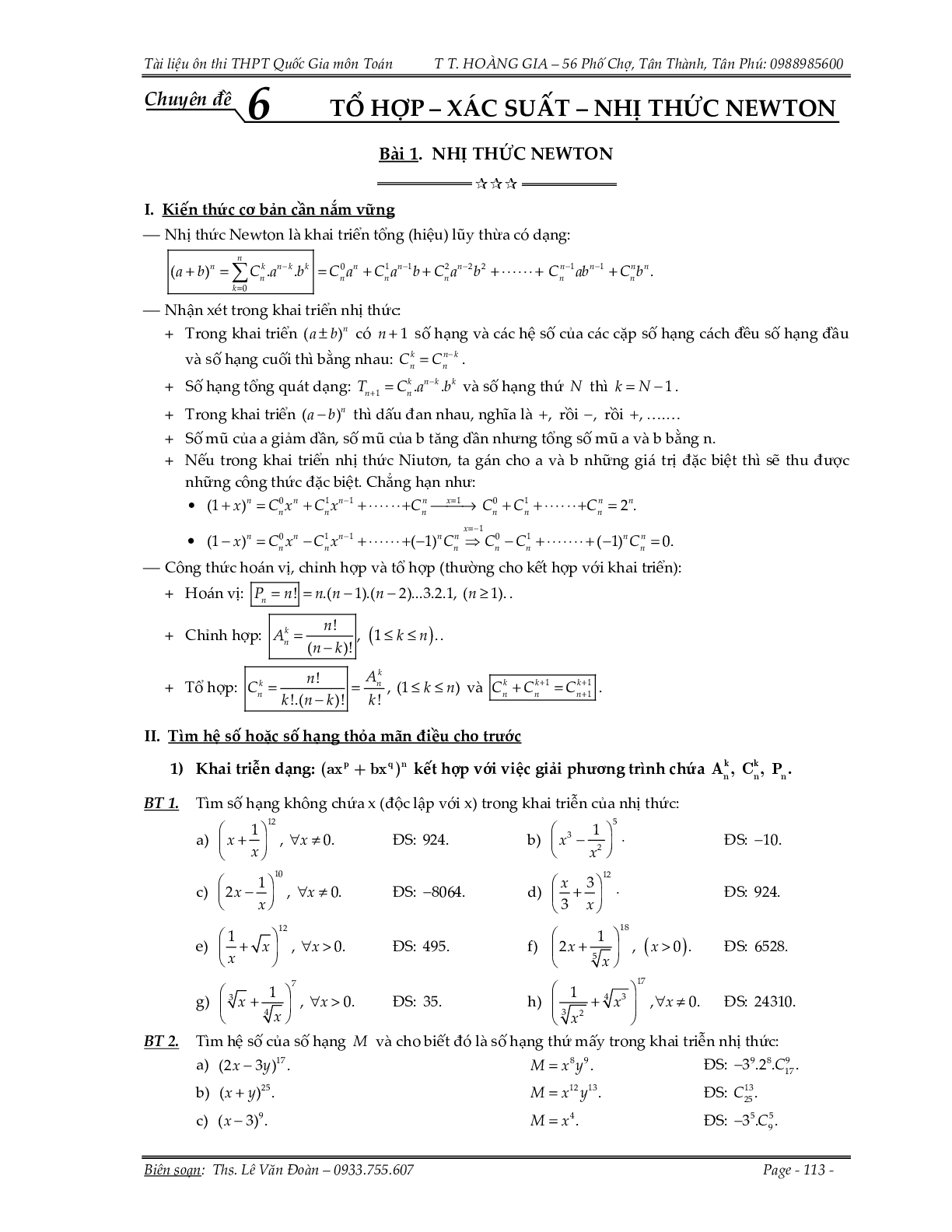 150 bài toán nhị thức Newton và xác suất (trang 1)