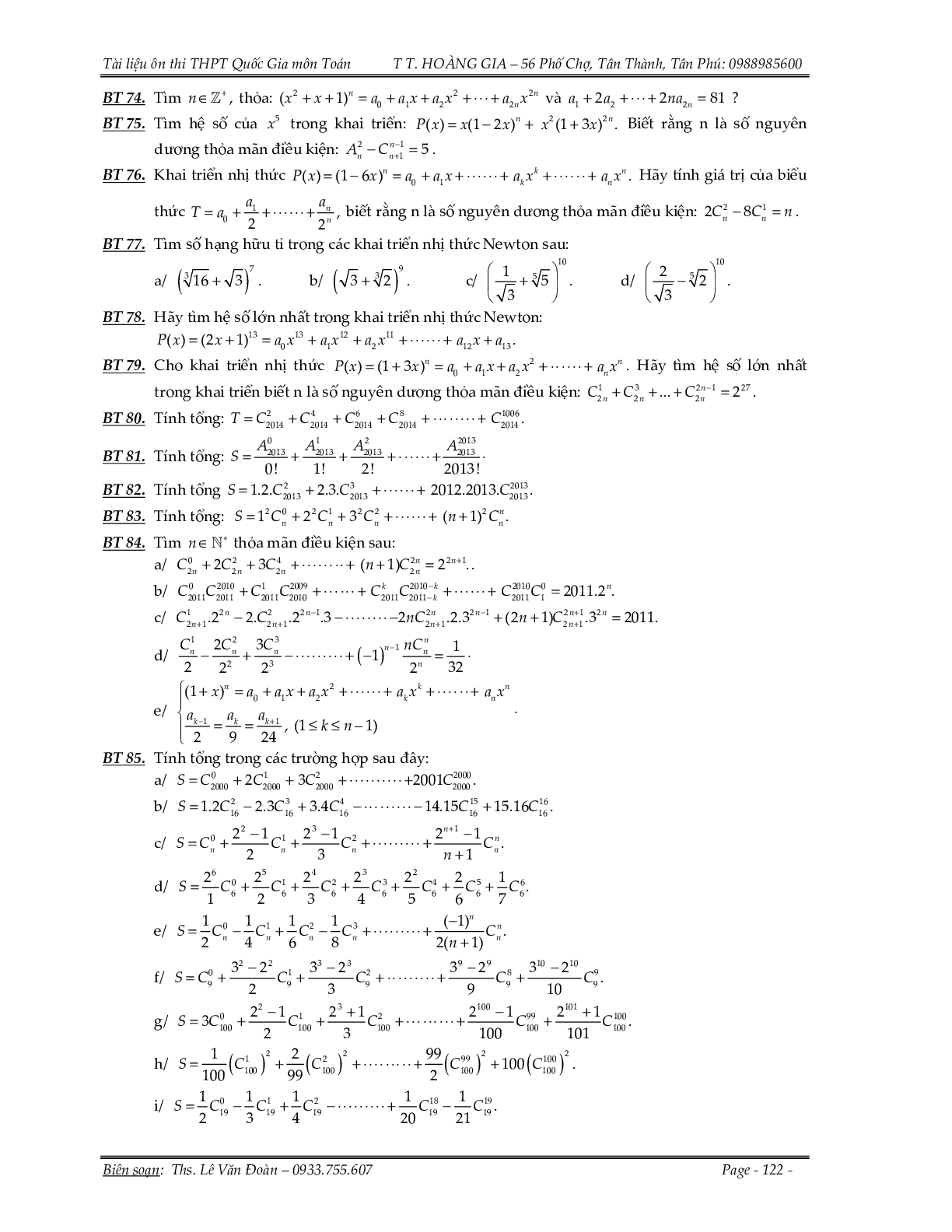150 bài toán nhị thức Newton và xác suất (trang 10)