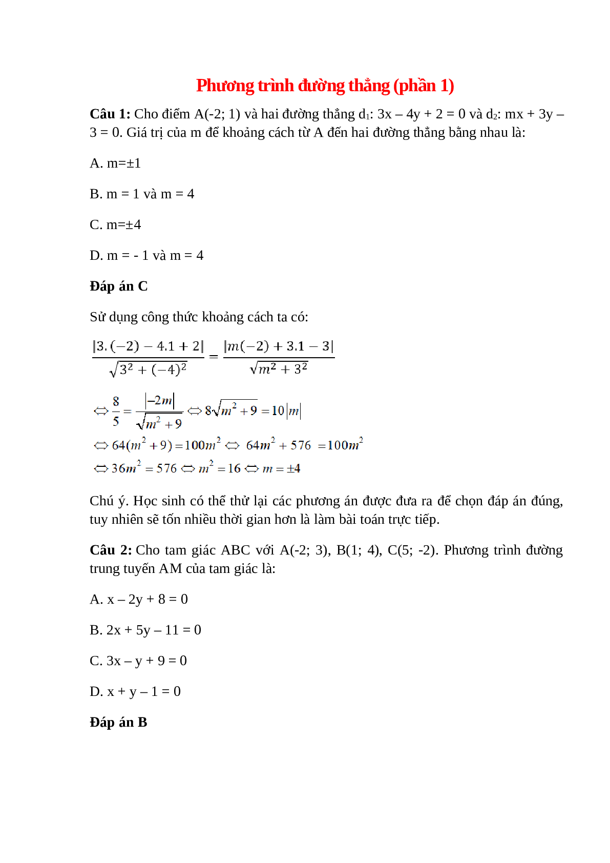 Trắc nghiệm Phương trình đường thẳng (phần 1) có đáp án – Toán lớp 10 (trang 1)