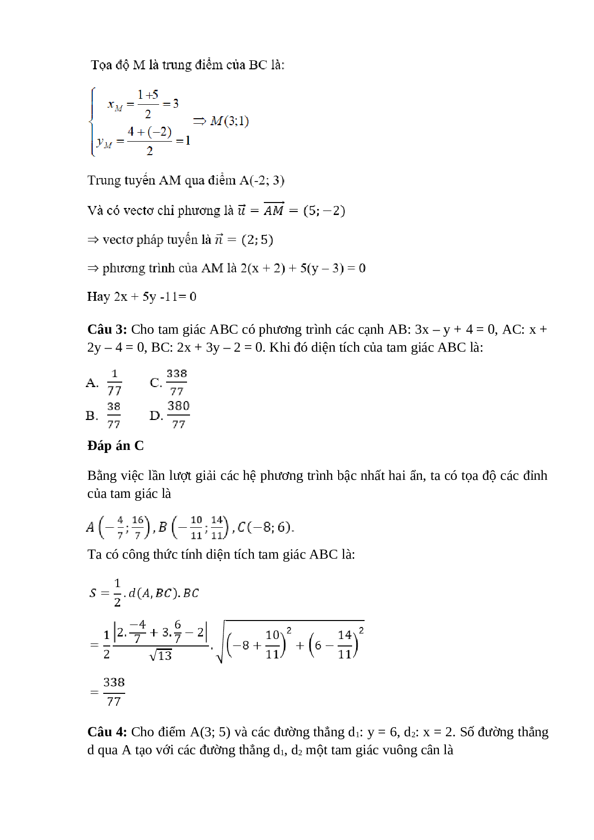 Trắc nghiệm Phương trình đường thẳng (phần 1) có đáp án – Toán lớp 10 (trang 2)