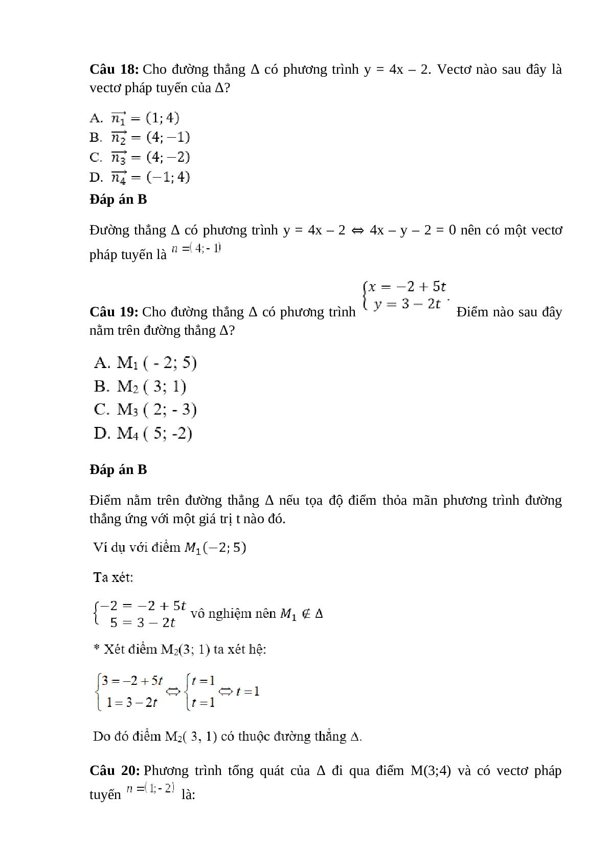Trắc nghiệm Phương trình đường thẳng (phần 1) có đáp án – Toán lớp 10 (trang 9)