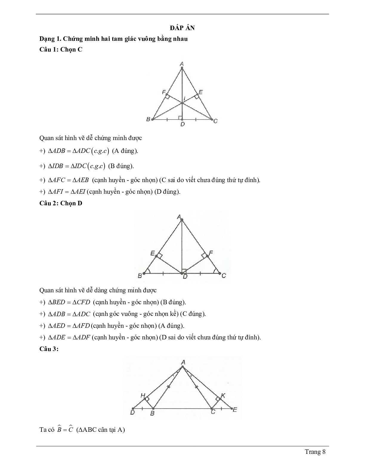 Lý thuyết Toán 7 Bài 8 có đáp án: Các trường hợp bằng nhau của tam giác vuông (trang 8)