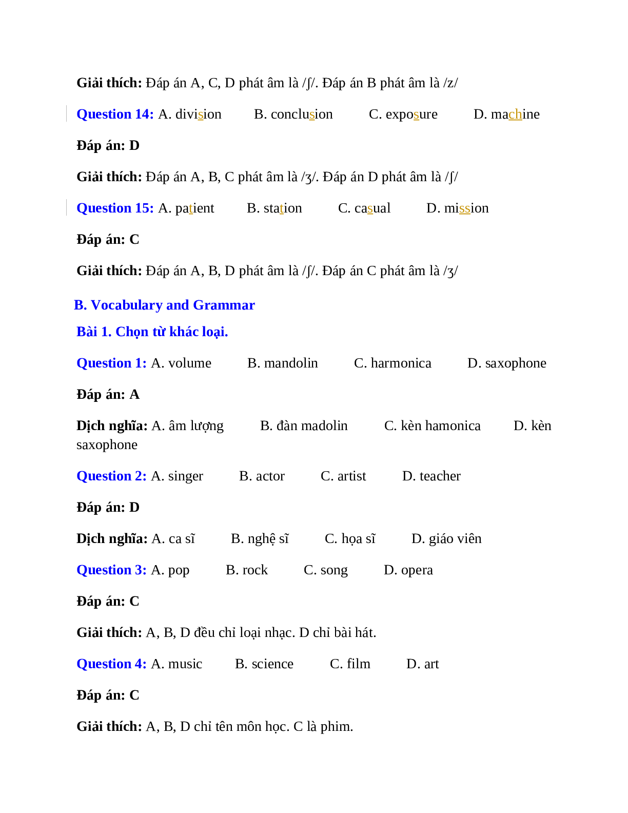 Trắc nghiệm Tiếng Anh 7 mới Unit 4 có đáp án: Music and arts (trang 3)