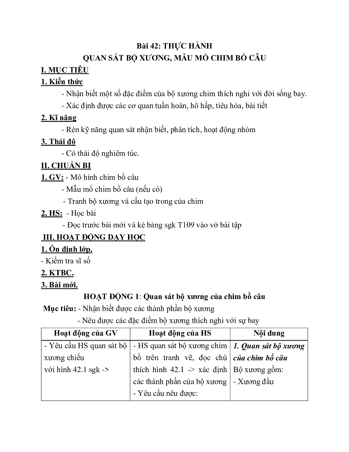 Giáo án Sinh học 7 Bài 42: Thực hành Quan sát bộ xương, mẫu mổ chim bồ câu mới nhất - CV5512 (trang 1)