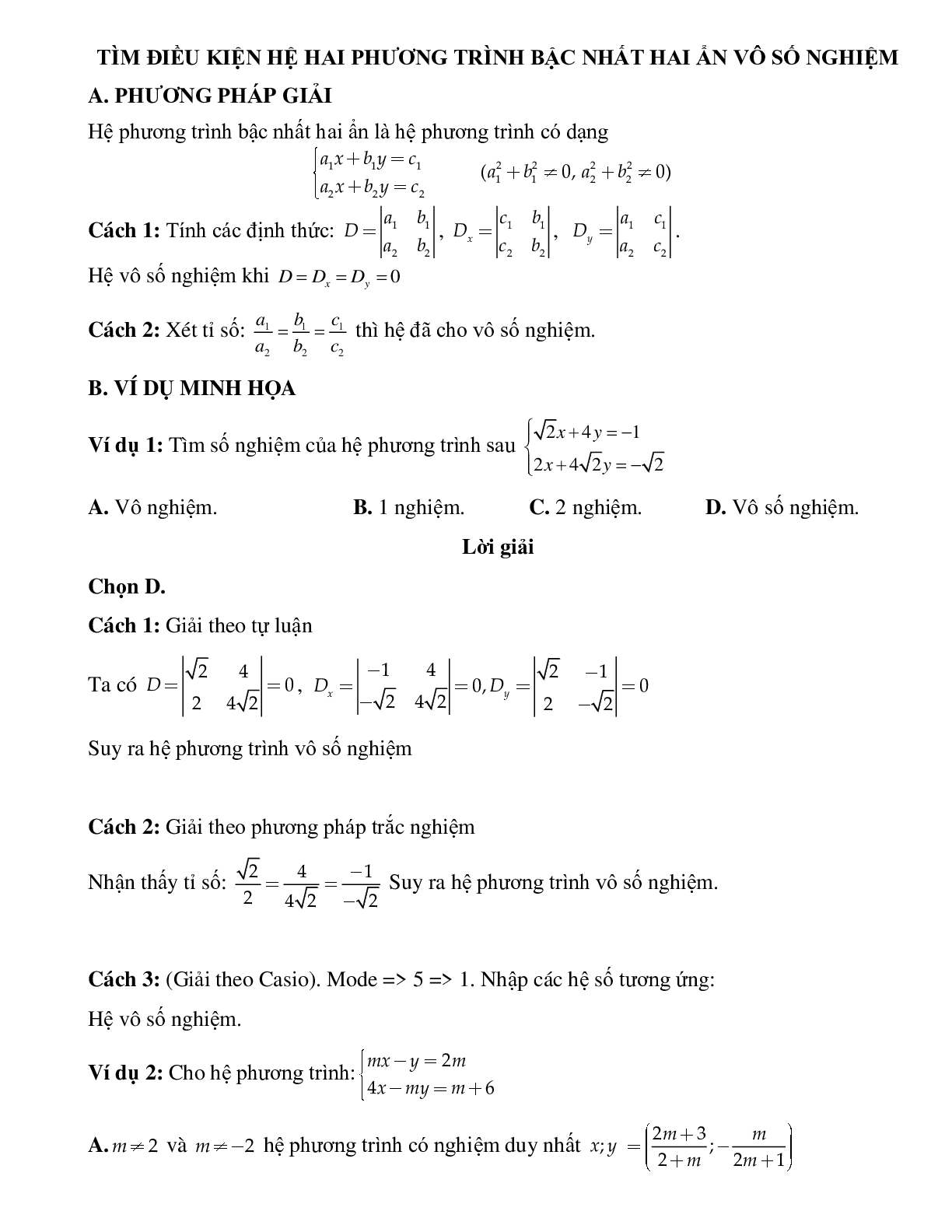 Tìm điều kiện hệ hai phương trình bậc nhất hai ẩn vô số nghiệm (trang 1)