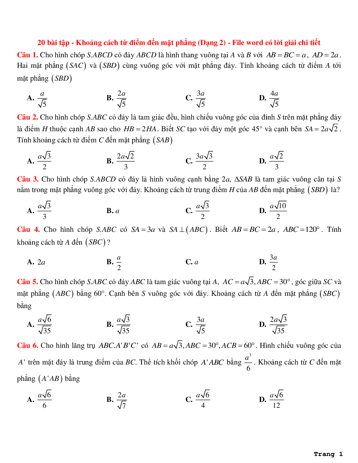 20 bài tập về khoảng cách từ điểm đến mặt phẳng (dạng 2) có lời giải chi tiết (trang 1)