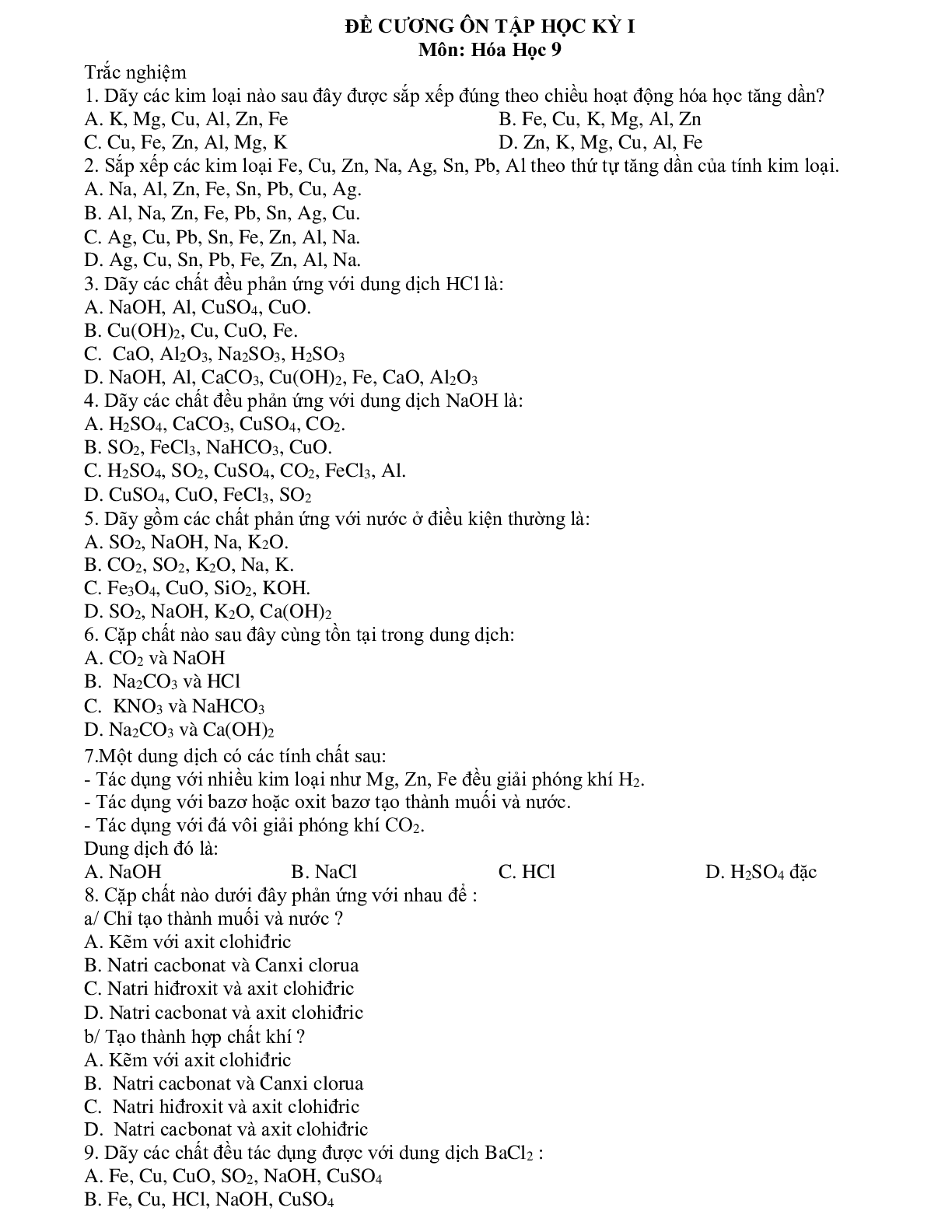 94 câu trắc nghiệm ôn tập học kì I môn hóa học lớp 9 có đáp án (trang 1)