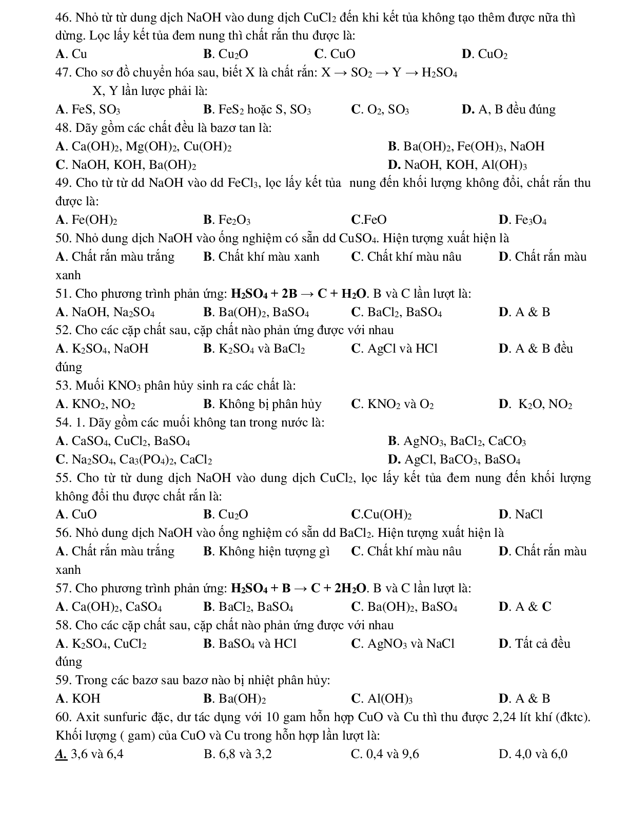 94 câu trắc nghiệm ôn tập học kì I môn hóa học lớp 9 có đáp án (trang 4)