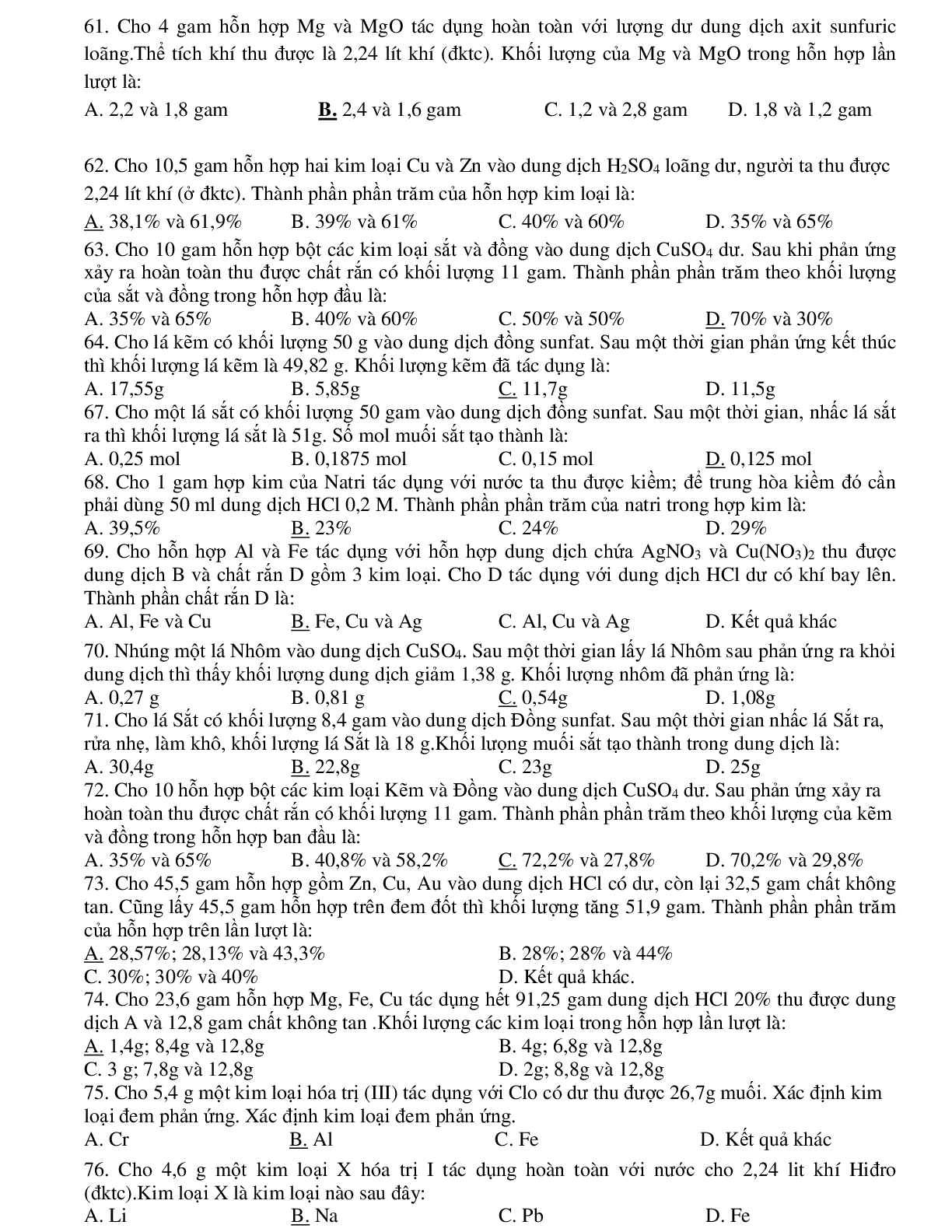 94 câu trắc nghiệm ôn tập học kì I môn hóa học lớp 9 có đáp án (trang 5)