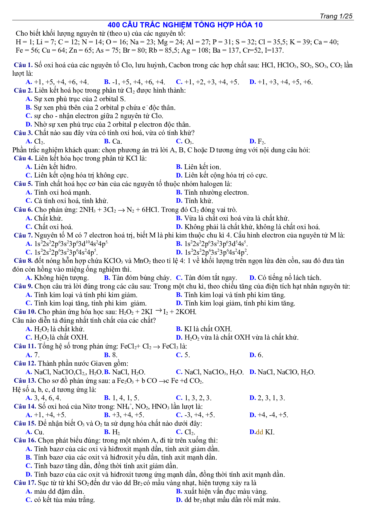 400 câu Trắc nghiệm Tổng hợp Hóa học lớp 10 cực hay (trang 1)
