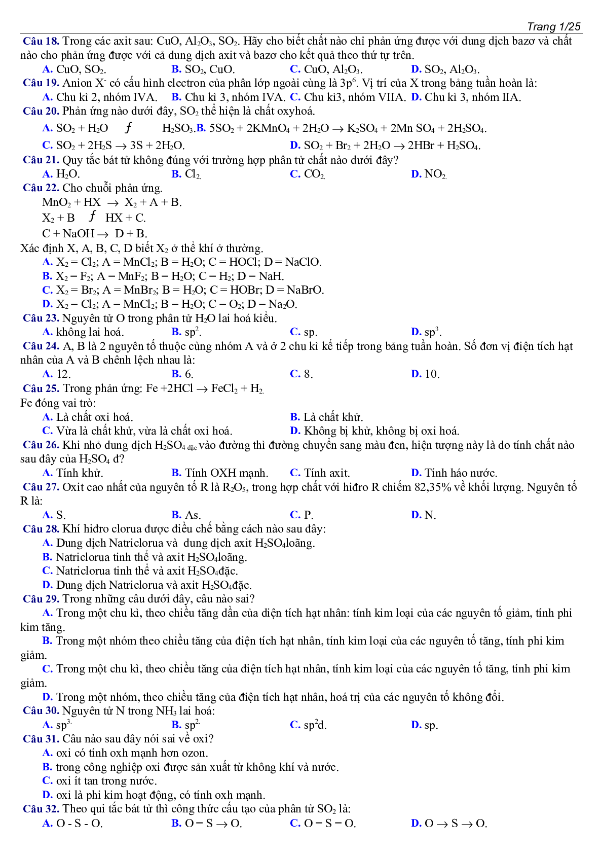 400 câu Trắc nghiệm Tổng hợp Hóa học lớp 10 cực hay (trang 2)