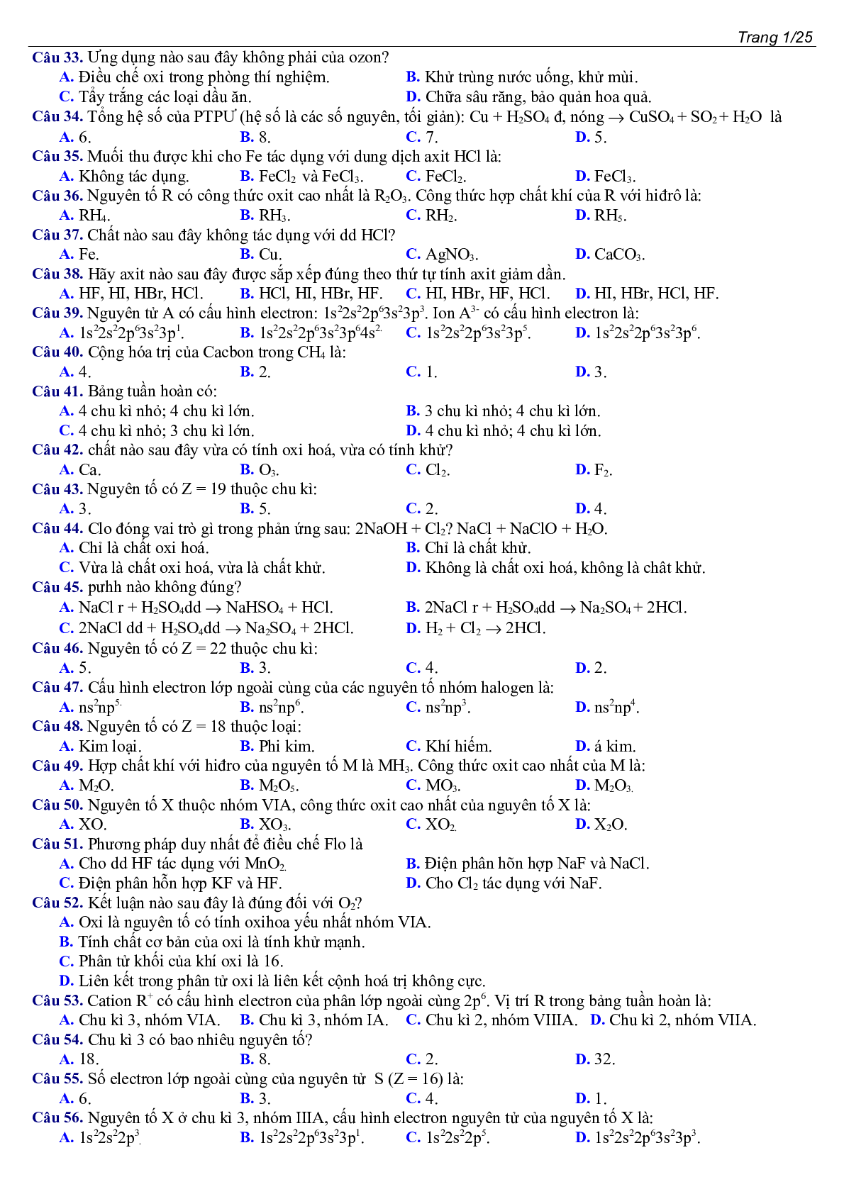 400 câu Trắc nghiệm Tổng hợp Hóa học lớp 10 cực hay (trang 3)