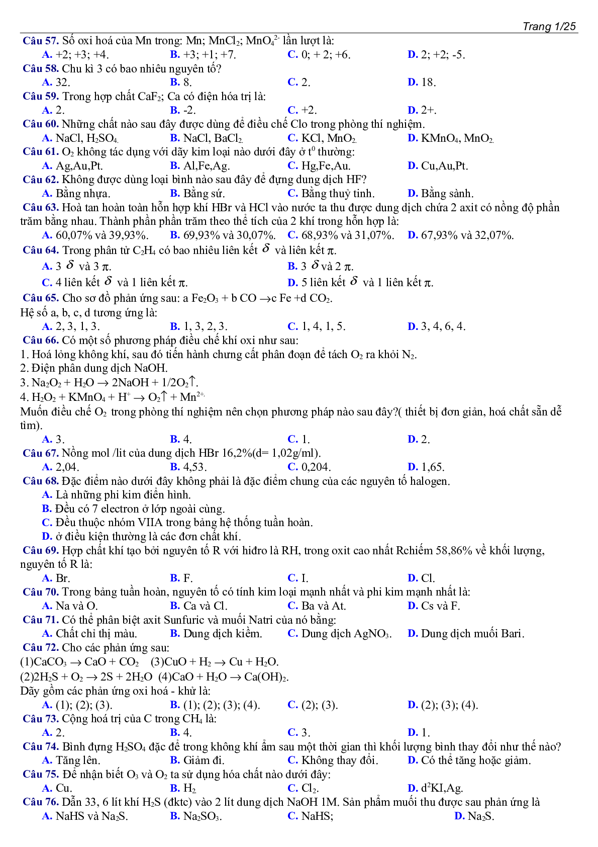 400 câu Trắc nghiệm Tổng hợp Hóa học lớp 10 cực hay (trang 4)