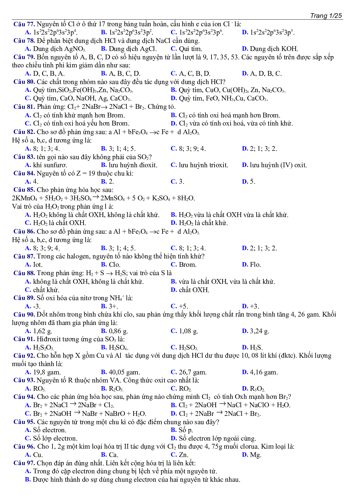 400 câu Trắc nghiệm Tổng hợp Hóa học lớp 10 cực hay (trang 5)