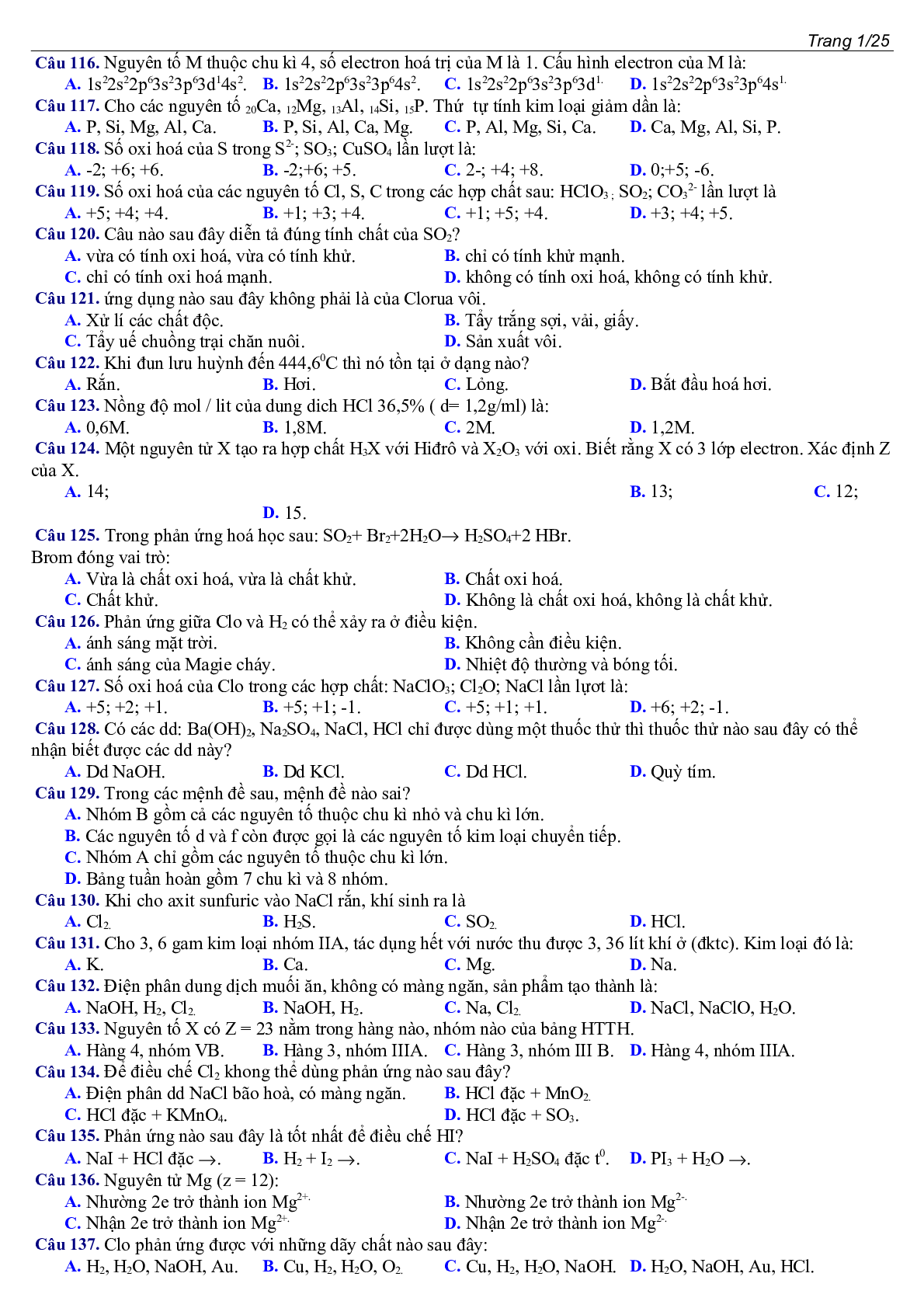 400 câu Trắc nghiệm Tổng hợp Hóa học lớp 10 cực hay (trang 7)