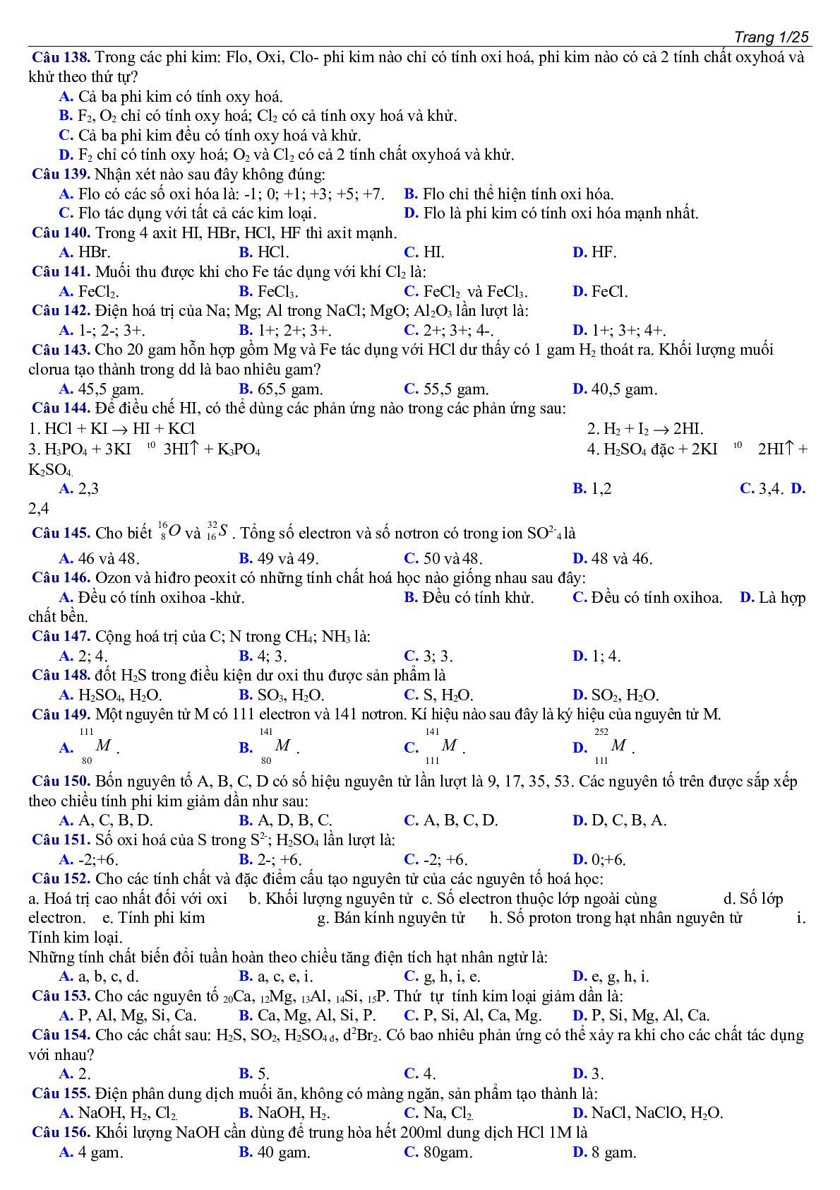 400 câu Trắc nghiệm Tổng hợp Hóa học lớp 10 cực hay (trang 8)