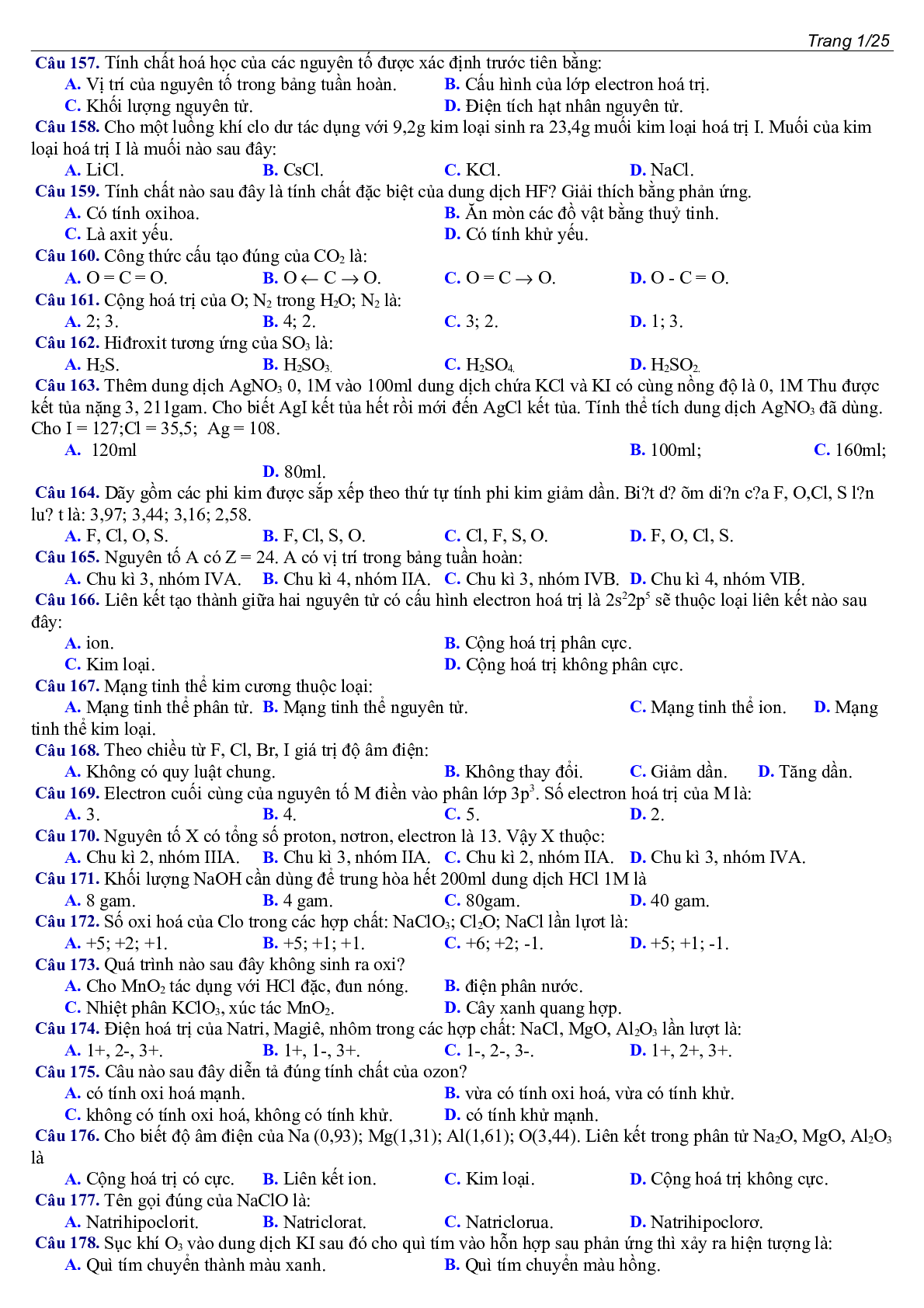 400 câu Trắc nghiệm Tổng hợp Hóa học lớp 10 cực hay (trang 9)