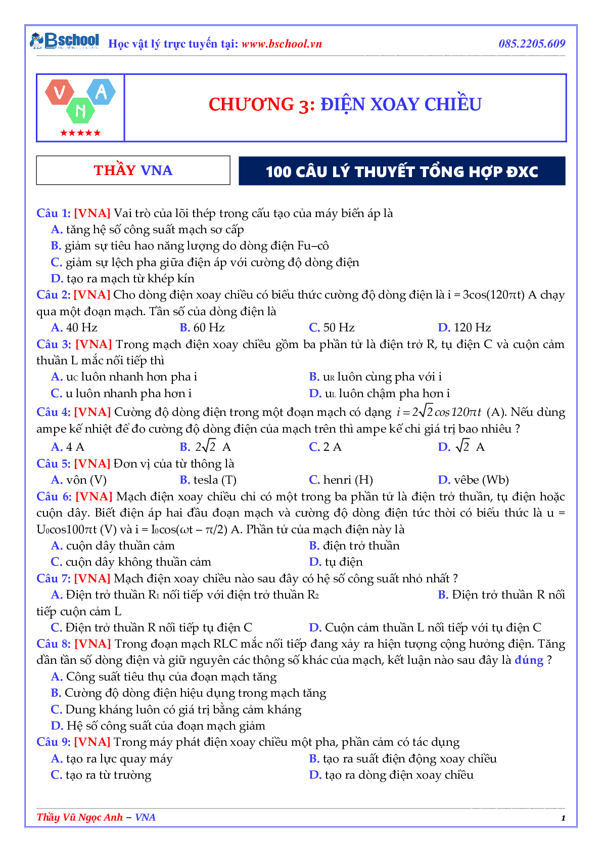 Tuyển Chọn 100 Câu Hỏi Lý Thuyết Điện Xoay Chiều Môn Vật Lý Lớp 12 (trang 1)
