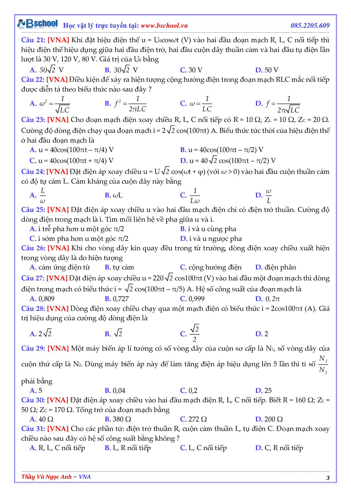 Tuyển Chọn 100 Câu Hỏi Lý Thuyết Điện Xoay Chiều Môn Vật Lý Lớp 12 (trang 3)