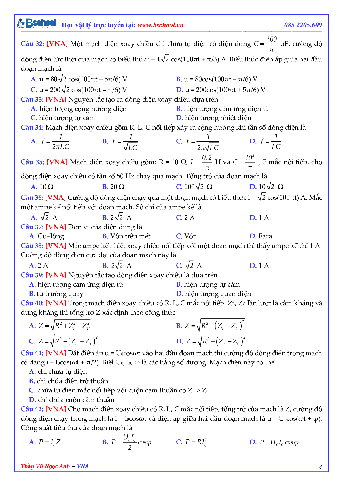 Tuyển Chọn 100 Câu Hỏi Lý Thuyết Điện Xoay Chiều Môn Vật Lý Lớp 12 (trang 4)
