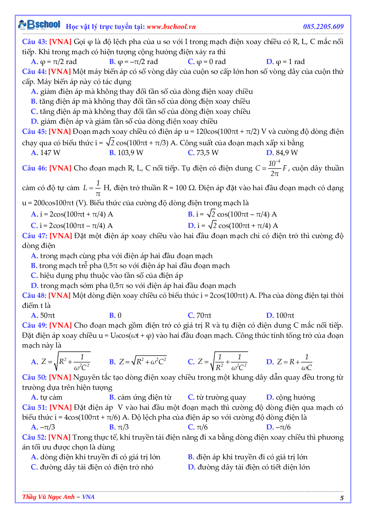Tuyển Chọn 100 Câu Hỏi Lý Thuyết Điện Xoay Chiều Môn Vật Lý Lớp 12 (trang 5)