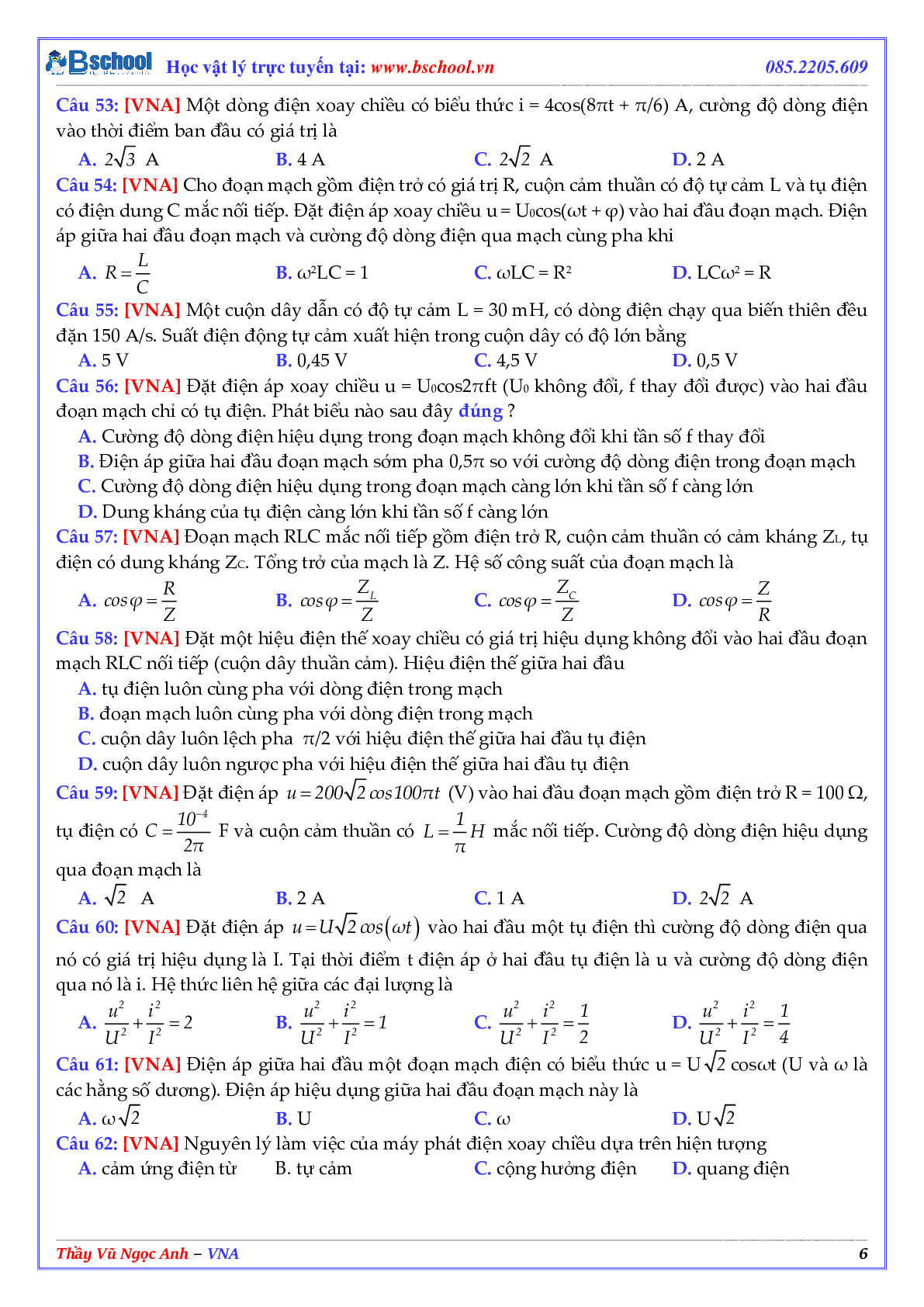 Tuyển Chọn 100 Câu Hỏi Lý Thuyết Điện Xoay Chiều Môn Vật Lý Lớp 12 (trang 6)