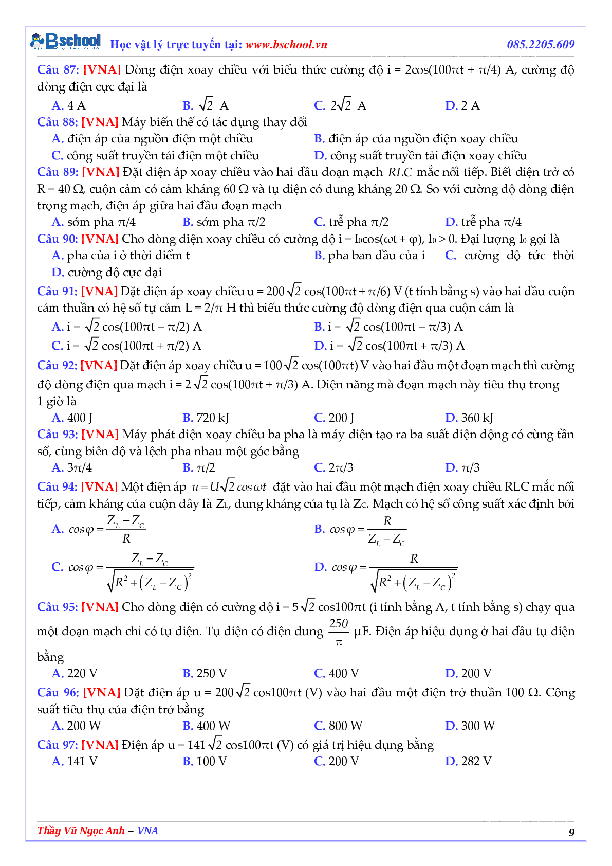 Tuyển Chọn 100 Câu Hỏi Lý Thuyết Điện Xoay Chiều Môn Vật Lý Lớp 12 (trang 9)