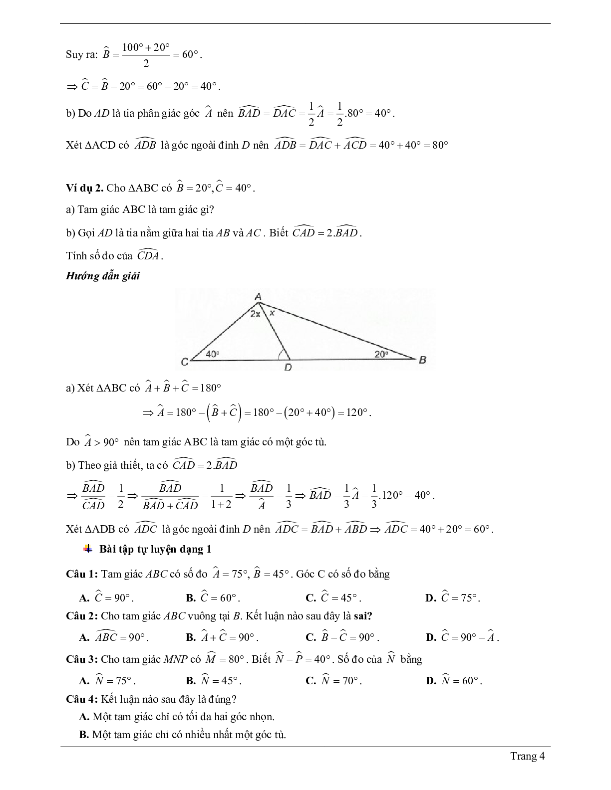 Lý thuyết Toán 7 có đáp án: Tổng ba góc của một tam giác (trang 4)