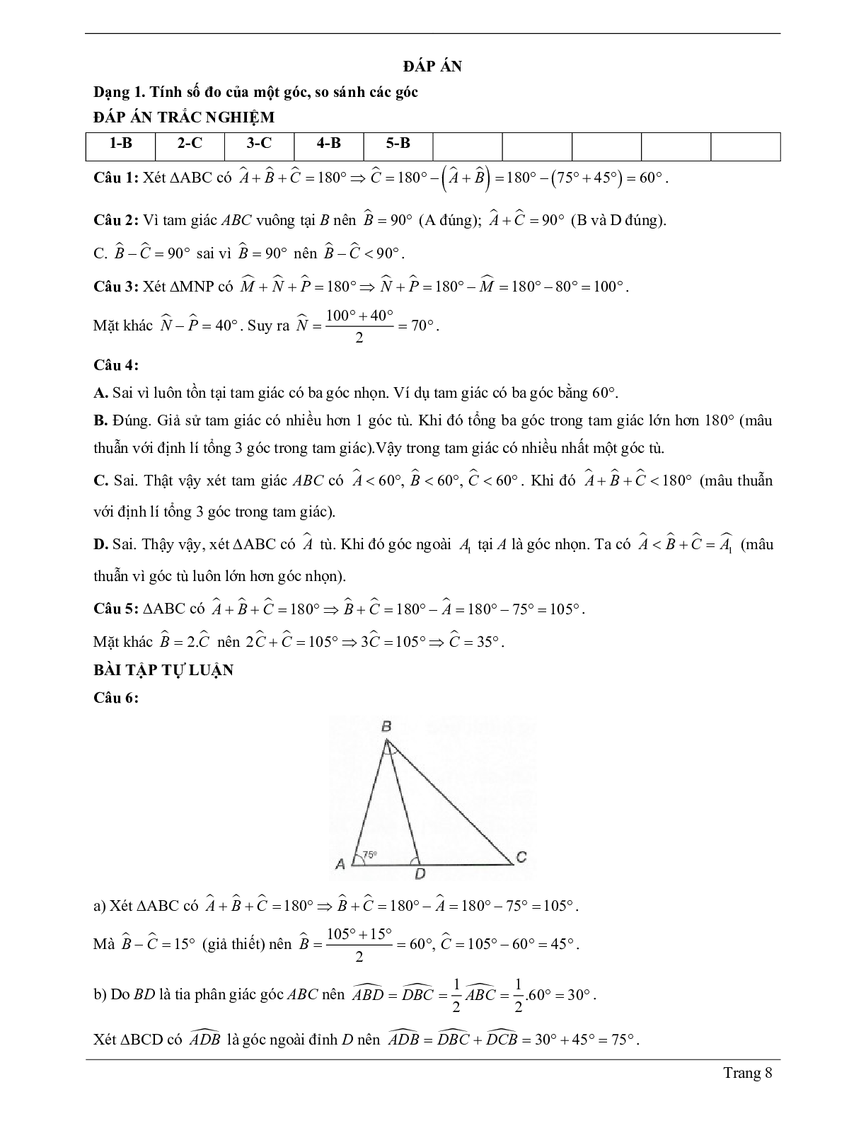 Lý thuyết Toán 7 có đáp án: Tổng ba góc của một tam giác (trang 8)