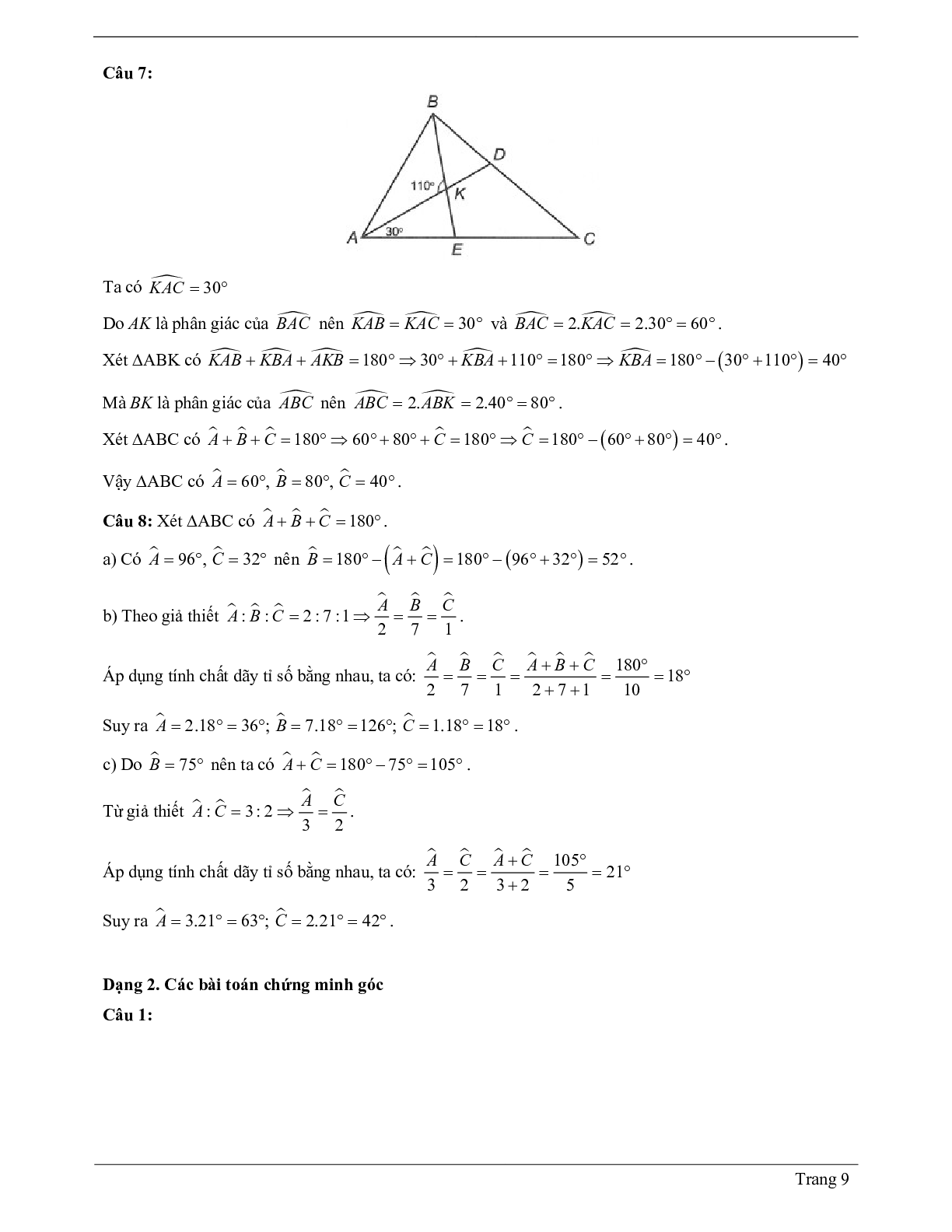 Lý thuyết Toán 7 có đáp án: Tổng ba góc của một tam giác (trang 9)