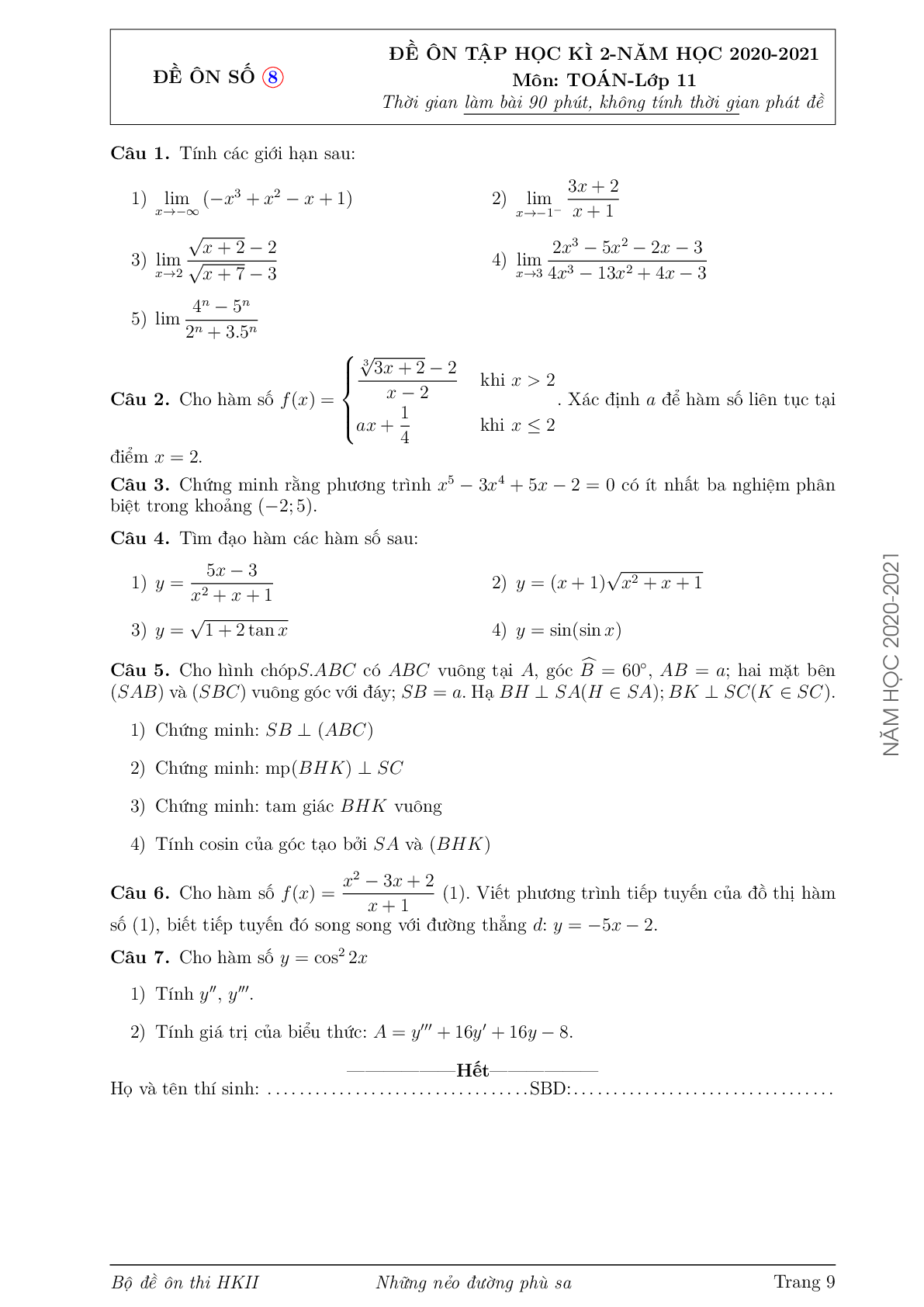Bộ Đề Ôn Thi Học Kì 2 Môn Toán Lớp 11 Năm Học 2020 - 2021 (trang 9)