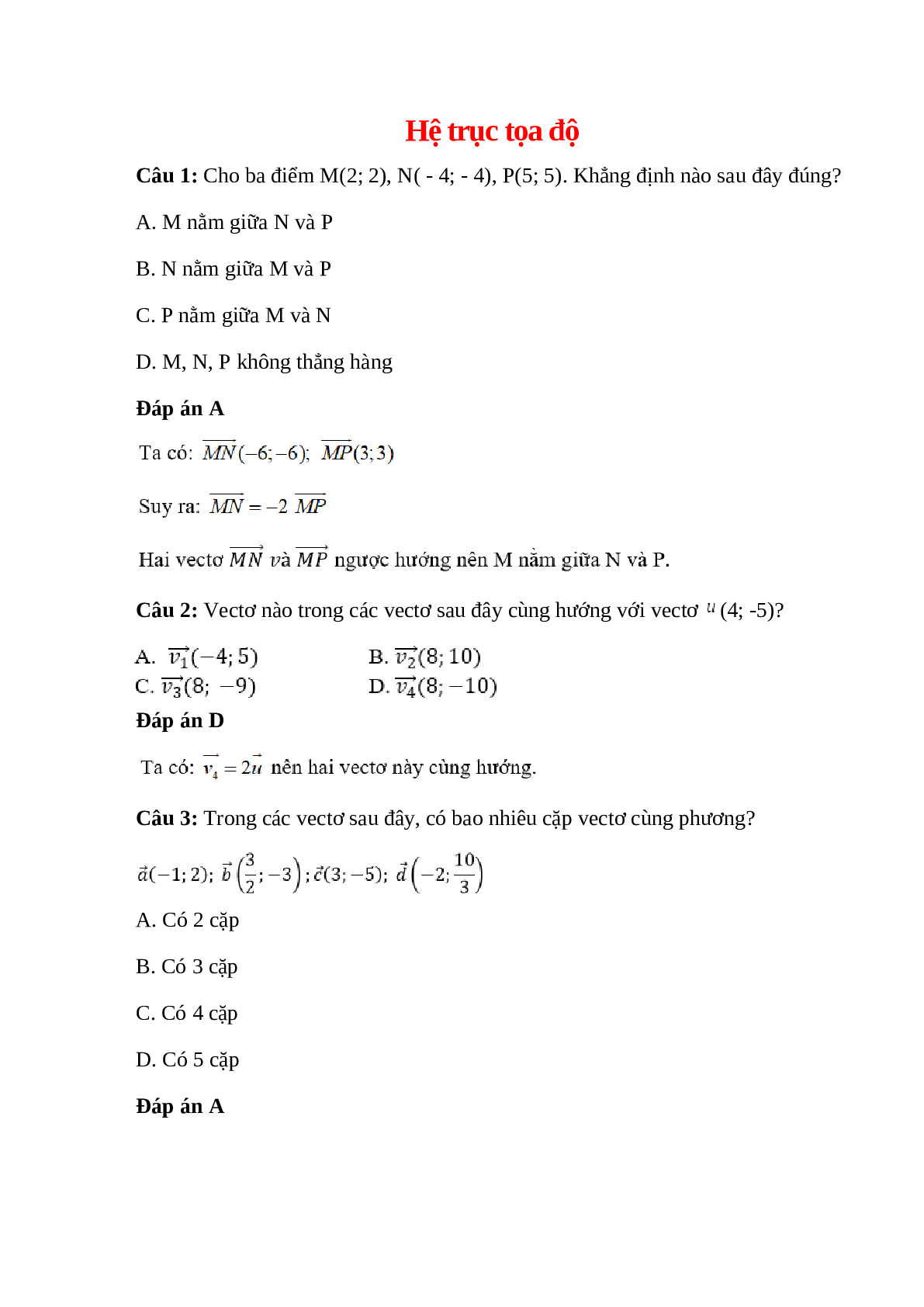 Trắc nghiệm Hệ trục tọa độ có đáp án – Toán lớp 10 (trang 1)