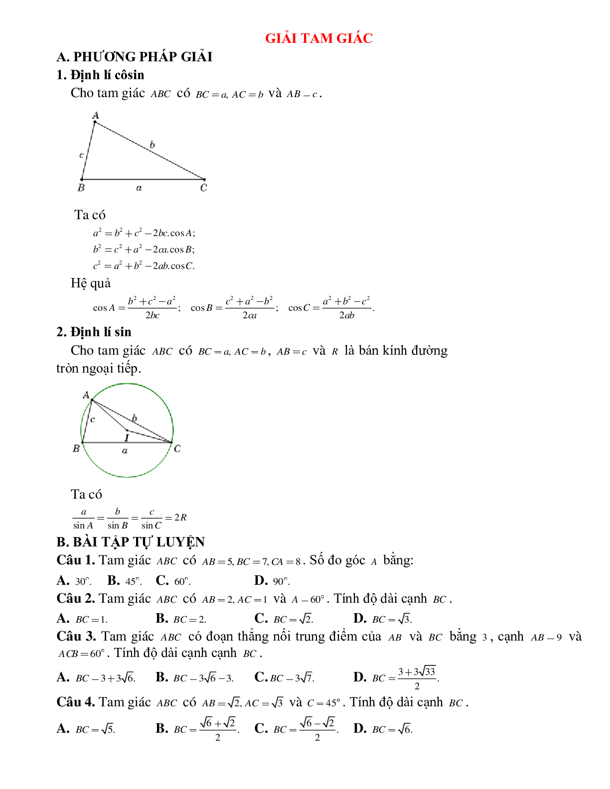 Bài tập tự luyện Giải tam giác chọn lọc (trang 1)