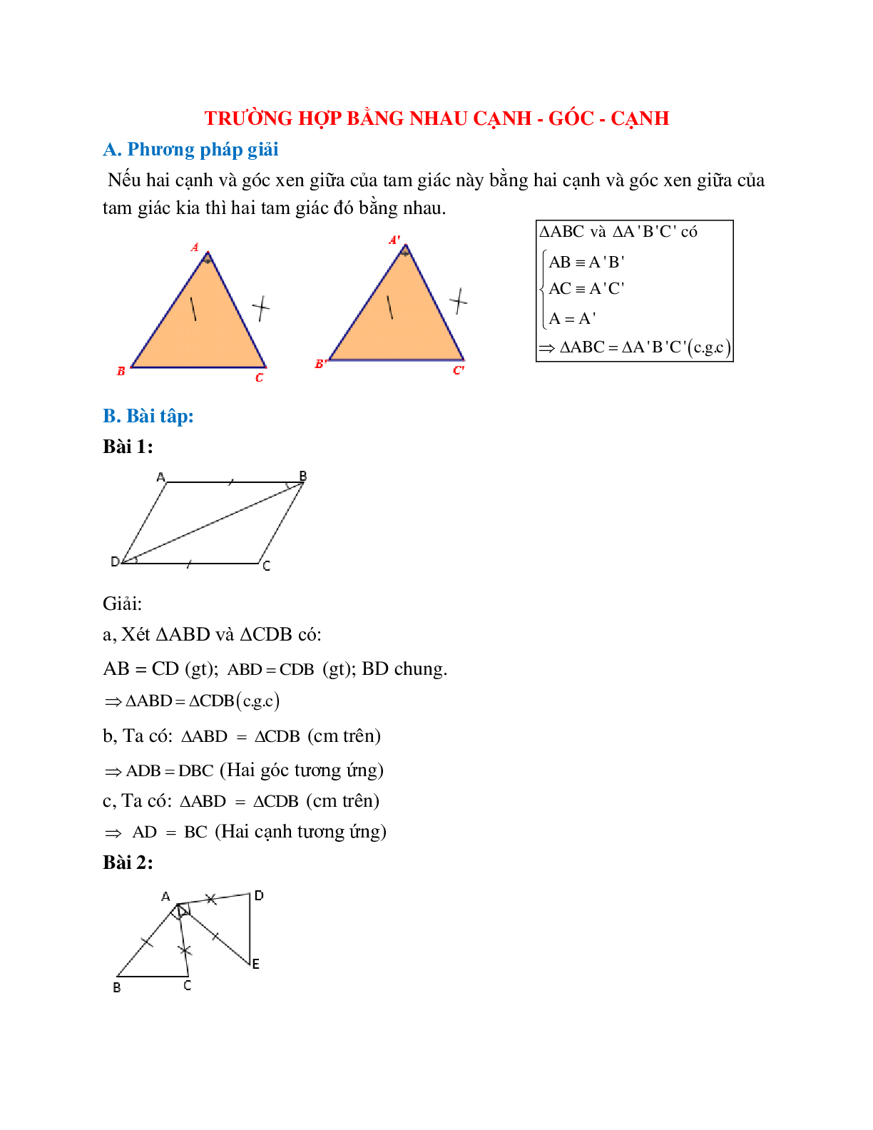 Phương pháp giải bài tập Trường hợp bằng nhau cạnh - góc - cạnh chọn lọc (trang 1)
