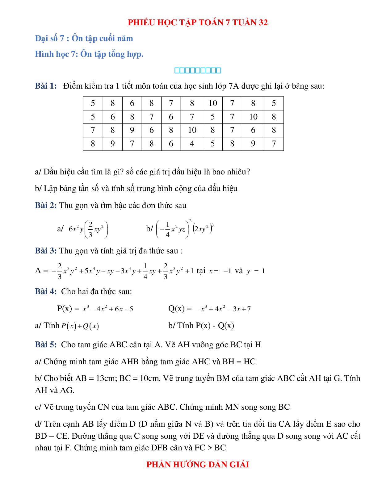 Phiếu bài tập tuần 32 - Toán 7 (trang 1)