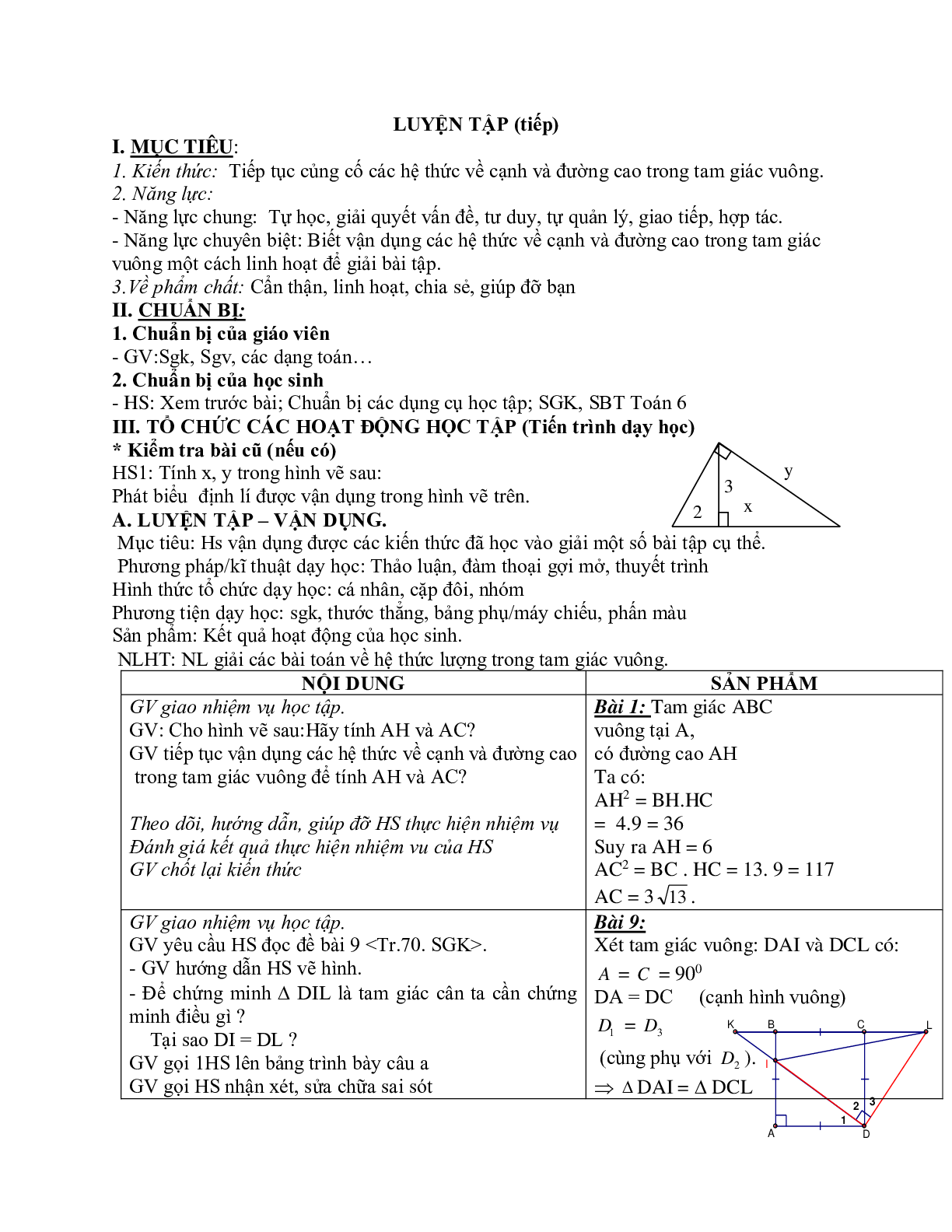 Giáo án Luyện tập Một số hệ thức về cạnh và đường cao trong tam giác vuông (2023) - Toán 9 (trang 1)