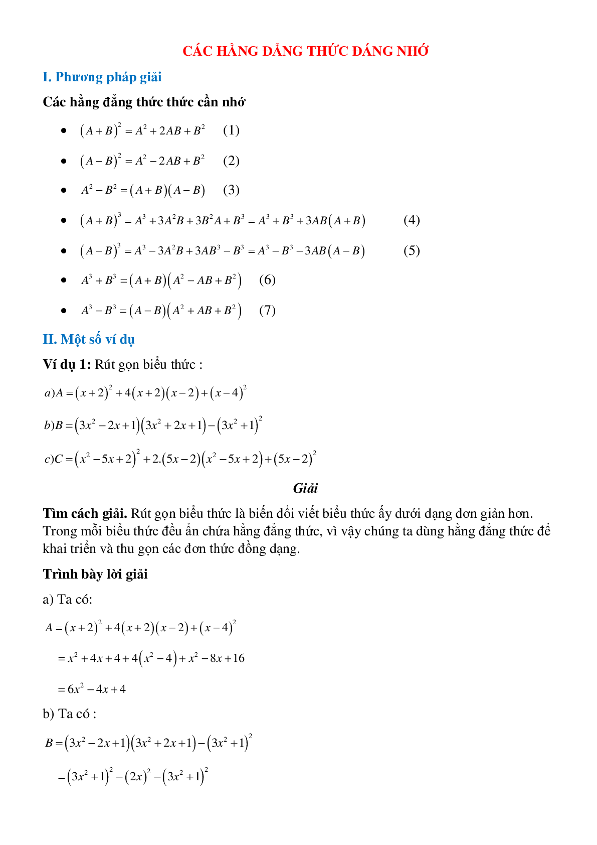 Cách giải các hằng đẳng thức đáng nhớ - Đại số toán 8 (trang 1)