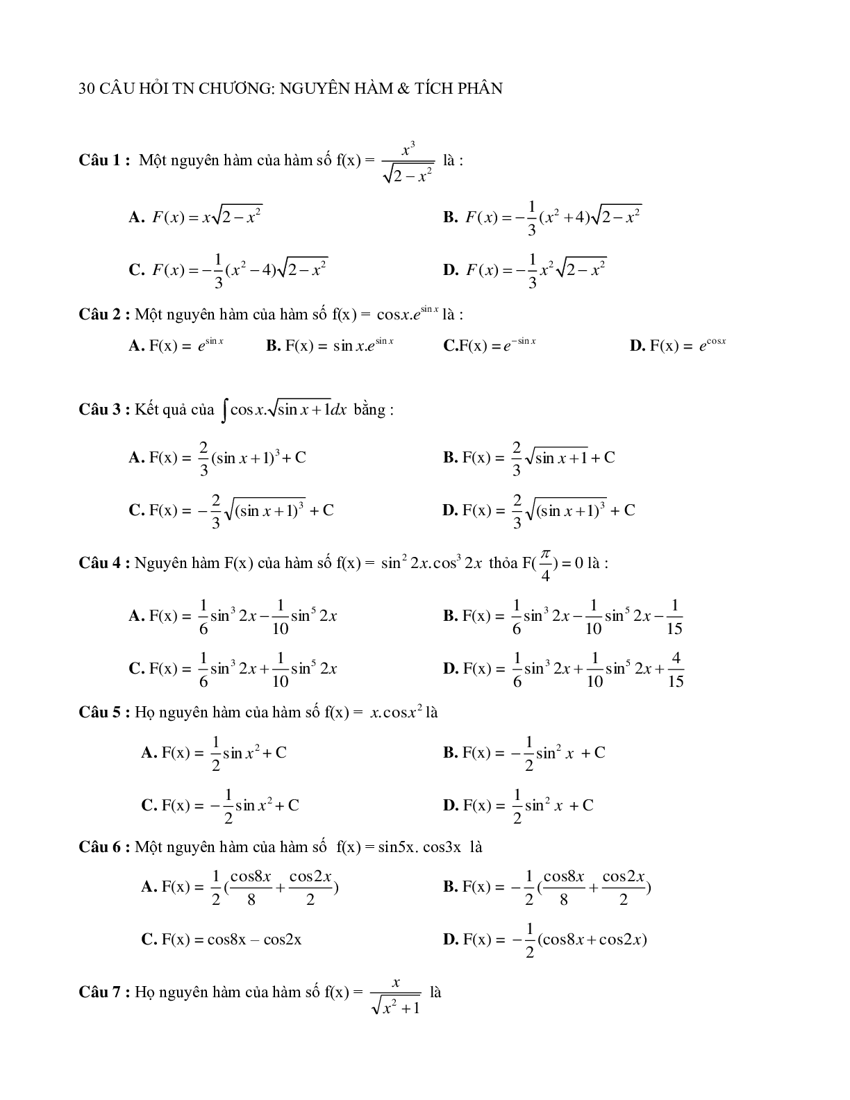 Các dạng bài tập về nguyên hàm - tích phân (có đáp án) (trang 1)