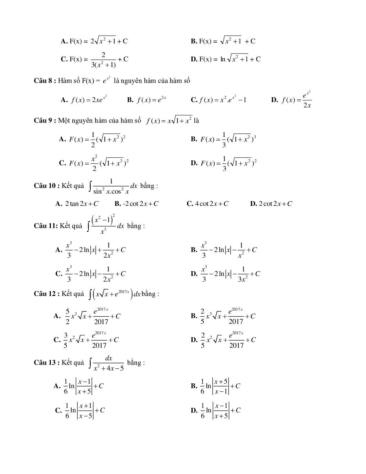Các dạng bài tập về nguyên hàm - tích phân (có đáp án) (trang 2)