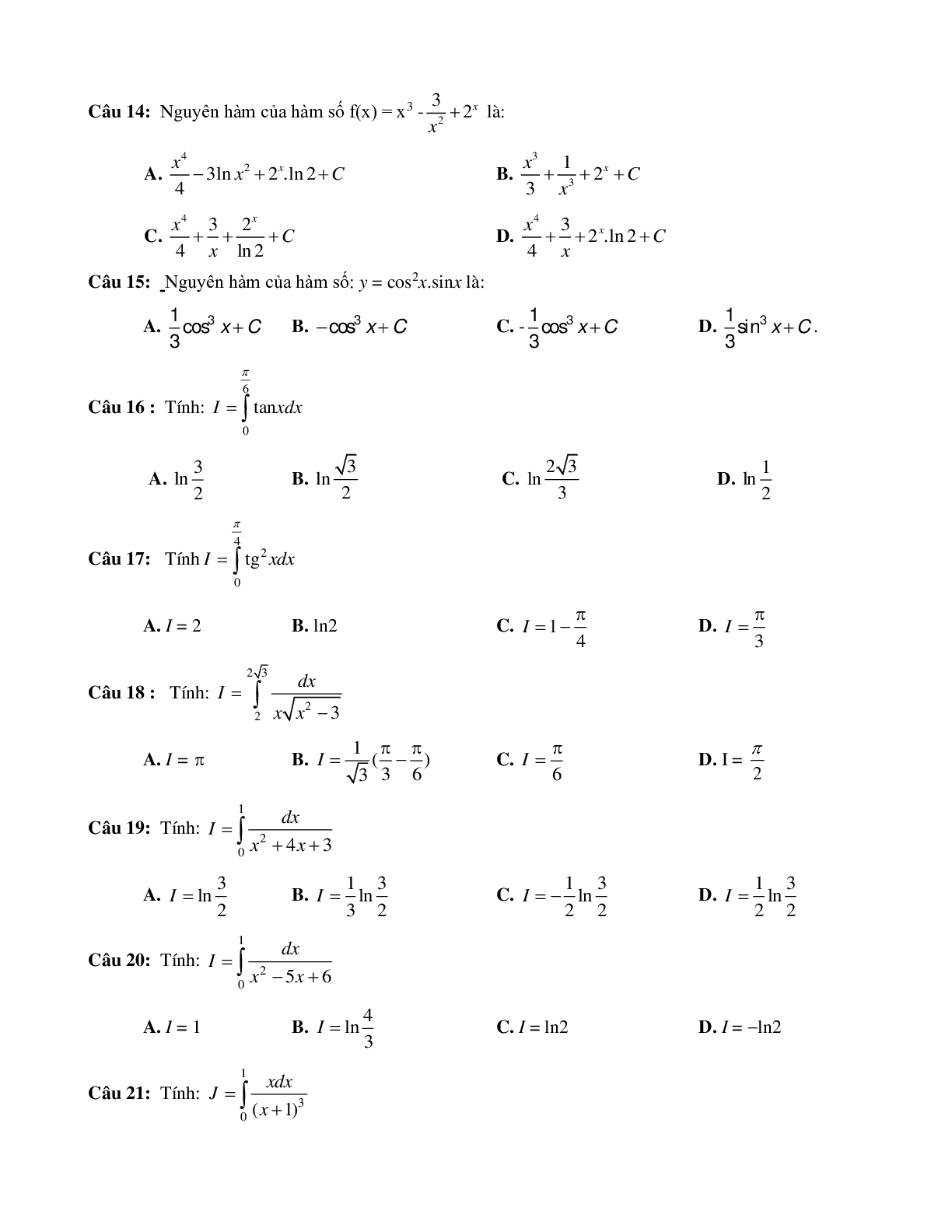 Các dạng bài tập về nguyên hàm - tích phân (có đáp án) (trang 3)