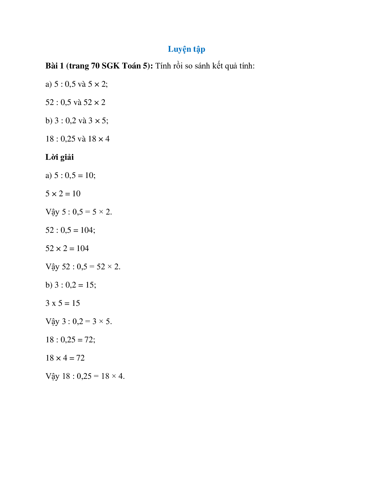 Tính rồi so sánh kết quả tính: 5 : 0,5 và 5 × 2 (trang 1)