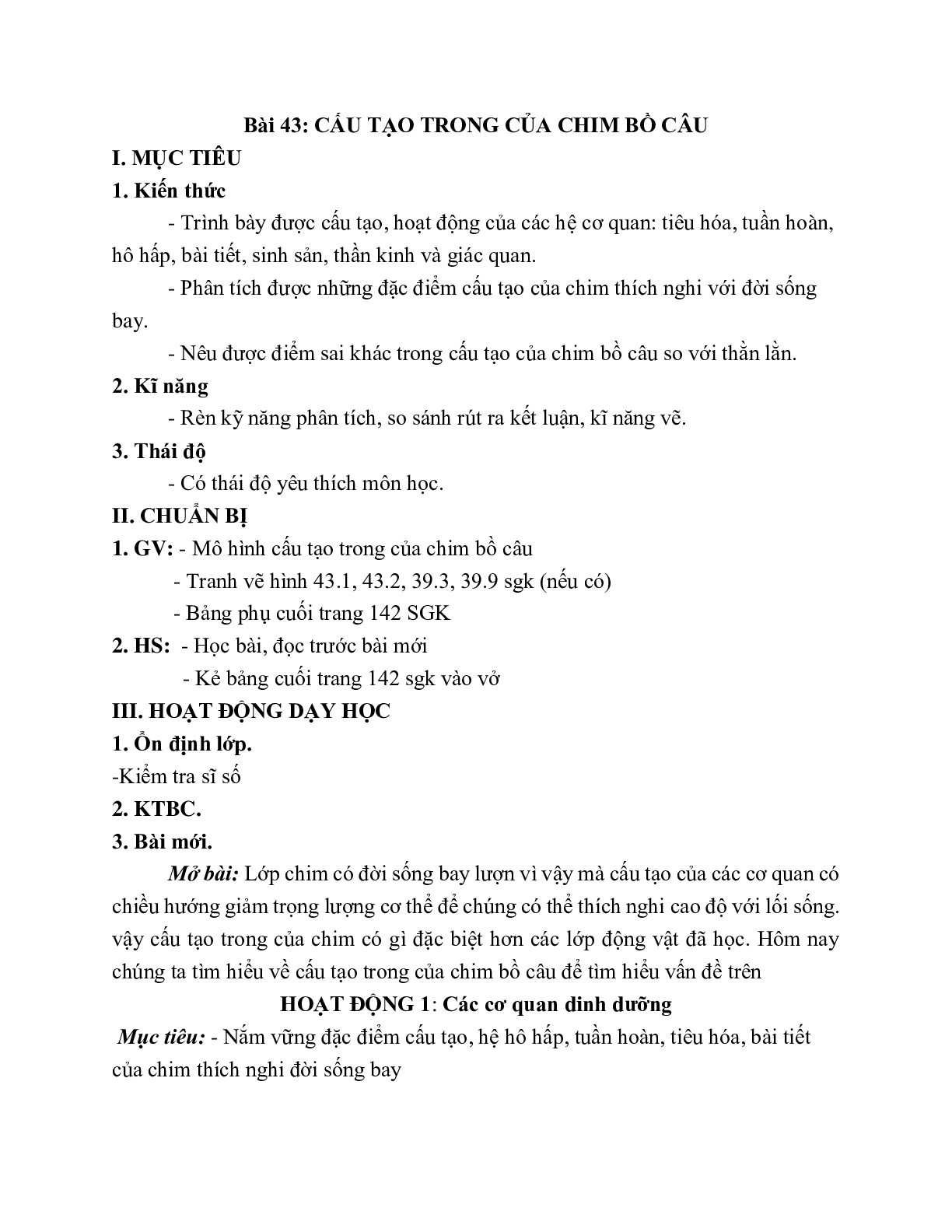 Giáo án Sinh học 7 Bài 43: Cấu tạo trong của chim bồ câu mới nhất - CV5512 (trang 1)