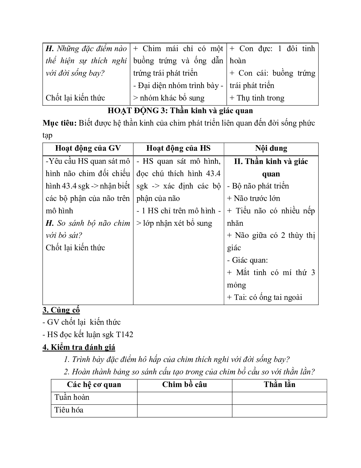 Giáo án Sinh học 7 Bài 43: Cấu tạo trong của chim bồ câu mới nhất - CV5512 (trang 4)