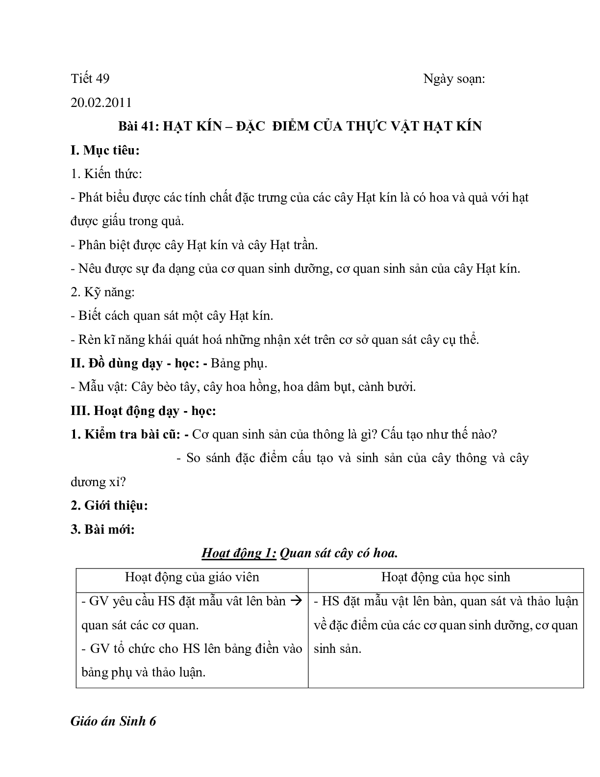 Giáo án Sinh học 6 Bài 41: Hạt kín - Đặc điểm của thực vật Hạt kín mới nhất - CV5512 (trang 1)