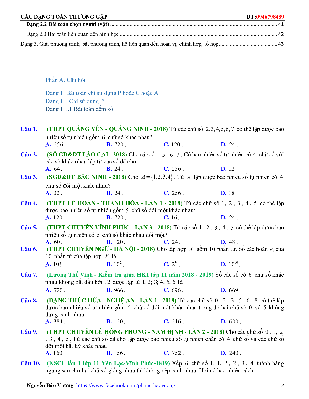 Các dạng toán quy tắc đếm, hoán vị, chỉnh hợp, tổ hợp thường gặp (trang 10)